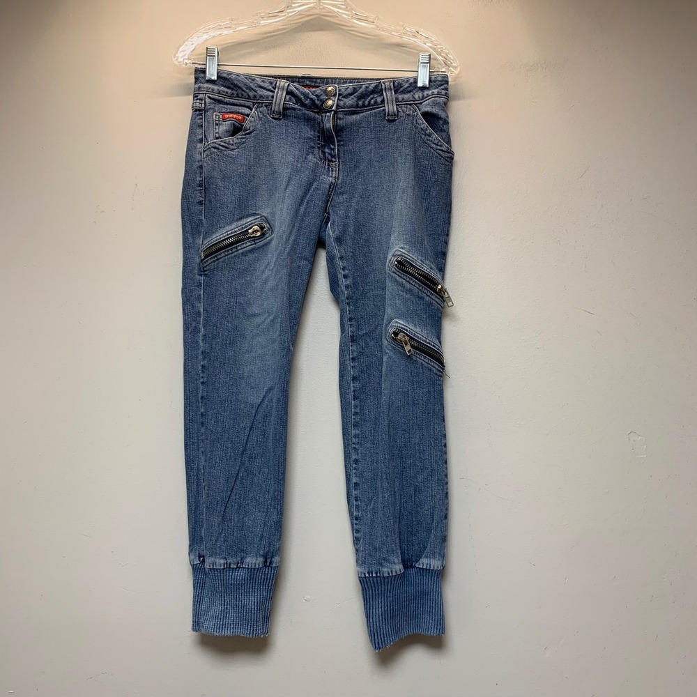 Guess Cargo Jogger Jeans Women 28 Blue Excellent Multi-Zipper Ribbed Cuff Y2K